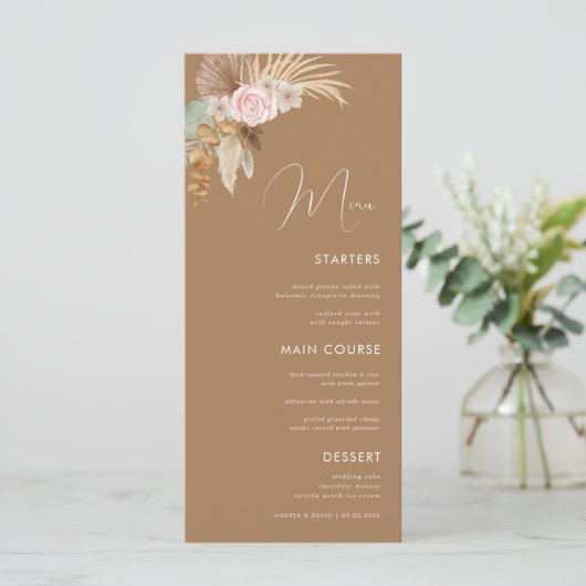 Menu Boho Pampas Grass séché Tropical Brown Mariage (Debout devant)