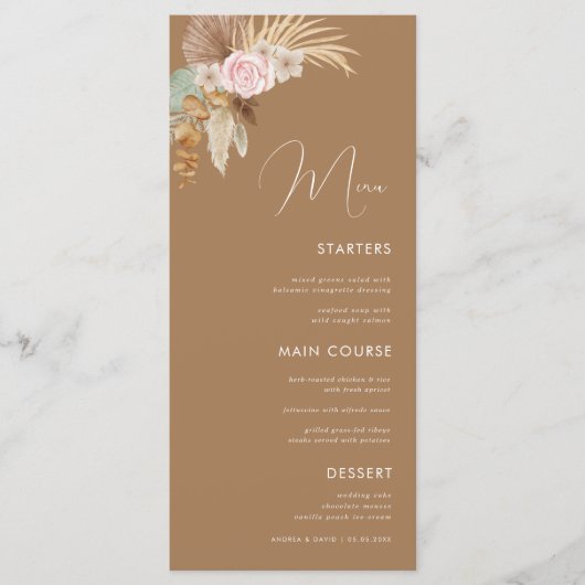 Menu Boho Pampas Grass séché Tropical Brown Mariage (Devant)