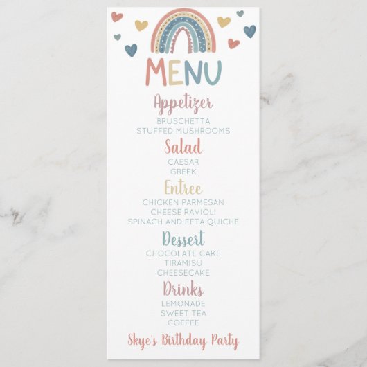 Menu Boho Rainbow Birthday Party (Devant)