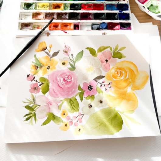 Menu Boho rose jaune Mariage aquarelle