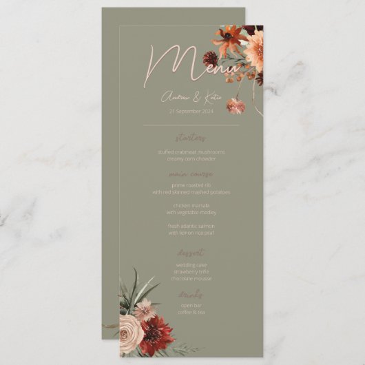 Menu Boho Rust & Chute Neutre Floral Green Mariage (Devant / Derrière)