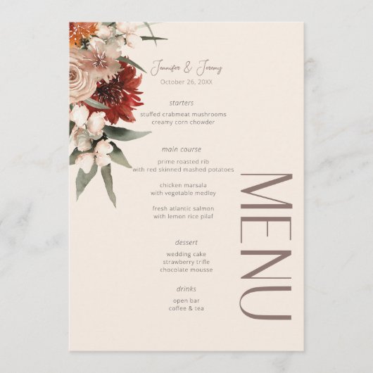 Menu Boho Rust & Crème Neutre Automne Mariage floral (Devant)