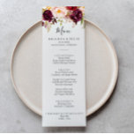 Menu Boho Rustique Dîner Floral Coloré<br><div class="desc">Cette carte de menu à la carte fleurie boho rustique est parfaite pour un mariage moderne. Le design se compose de pivoines d'aquarelle rose, violet, rouge et bordeaux regroupées en bouquets élégants avec feuillage vert, inspirant beauté naturelle. Ce menu peut être utilisé pour une réception de mariage, un dîner de...</div>