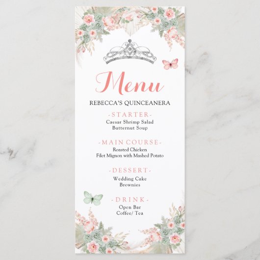 Menu Boho Sage Green Blush Pink Royal Quinceañera (Devant)