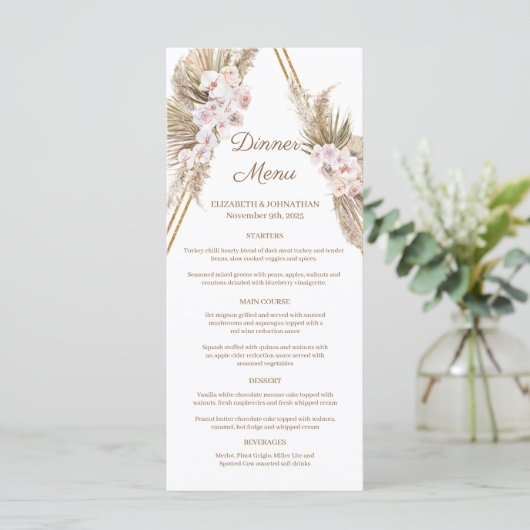 Menu Boho Séché Palm Leaf Pampas Grass Gold Arch Dîner (Debout devant)