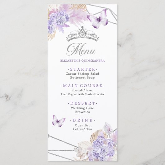 Menu Boho Silver Purple Floral Butterfly Quinceañera (Devant)