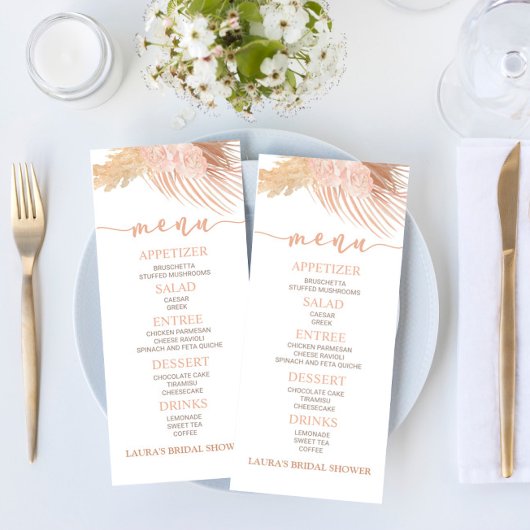Menu Boho Soft Rose Floral Fêtes des mariées