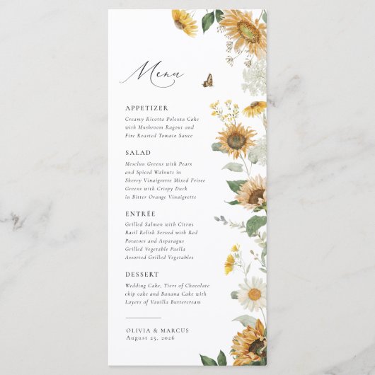 Menu Boho Sunflower Golden Rays Floral Elégant Mariage (Devant)