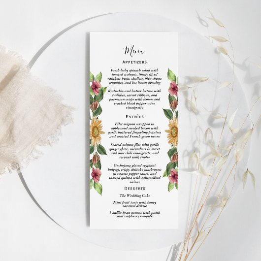 Menu Boho Sunflower Rustique Fleur sauvage Mariage plat