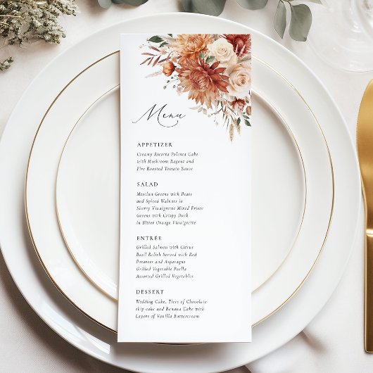 Menu Boho Terracotta Dahlia Rose Mariage élégant