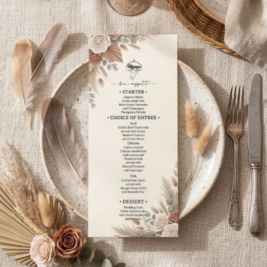 Menu Boho Terracotta Elegant Roses Wedding