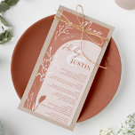 Menu Boho terracotta noms floraux script arch mariage<br><div class="desc">Un menu mariage audacieux et rustique moderne dans le désert boho. Tous le texte,  les noms et les couleurs arrière - plans sont personnalisables,  photo en arc rustique avec terre cuite bohème. avec éditable floral pampas herbe séchée.</div>
