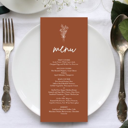 Menu Boho Terracotta Orange Brûlé Mariage Rustique