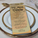 Menu Boire et être marié Tan Retro Mariage<br><div class="desc">Ce menu mignon ajoutera un peu de plaisir et de style à votre réception de mariage. Il présente un design de tourbillons rétro dans des teintes neutres en terre cuite de bronze, taupe et vert sauge. Le mot titre de l'art dit : Mange Bois et sois Marié ! Il y...</div>