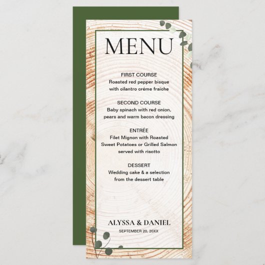 Menu Bois Mariage rustique écorce avec eucalyptus (Devant / Derrière)
