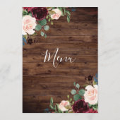 Menu Bois rustique Bourgogne Rouge Fleurs Mariage (Dos)