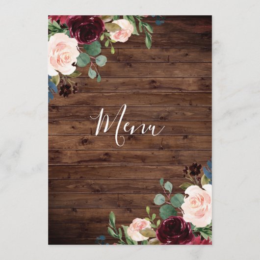 Menu Bois rustique Bourgogne Rouge Fleurs Mariage (Dos)