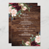 Menu Bois rustique Bourgogne Rouge Fleurs Mariage (Devant / Derrière)