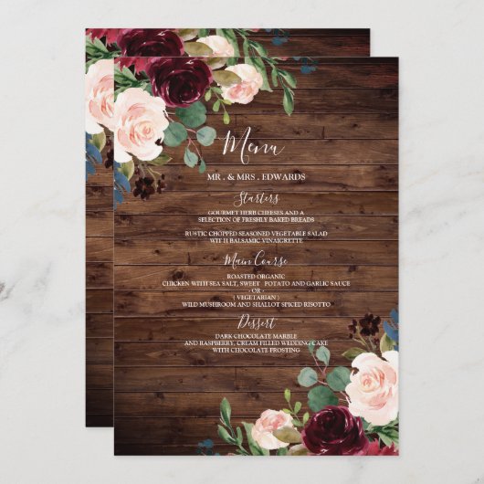 Menu Bois rustique Bourgogne Rouge Fleurs Mariage (Devant / Derrière)