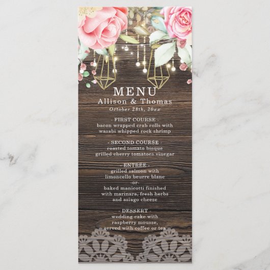 Menu Bois rustique Floral Chaînes luminaires Mariage Me (Devant)