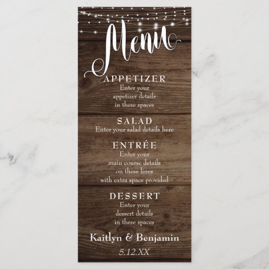Menu Bois rustique, Lumières blanches et Mariage de scr (Devant)