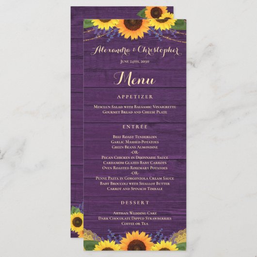 Menu Bois violet rustique Lumières Mariage de tournesol (Devant / Derrière)