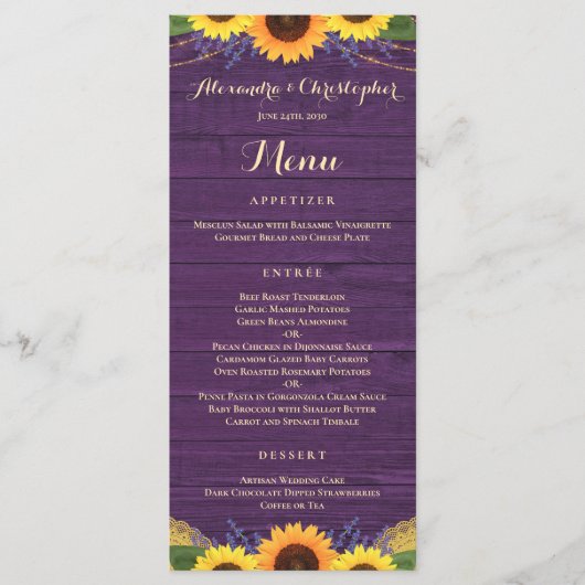 Menu Bois violet rustique Lumières Mariage de tournesol (Devant)