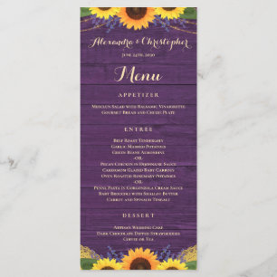 Menu Bois violet rustique Lumières Mariage de tournesol