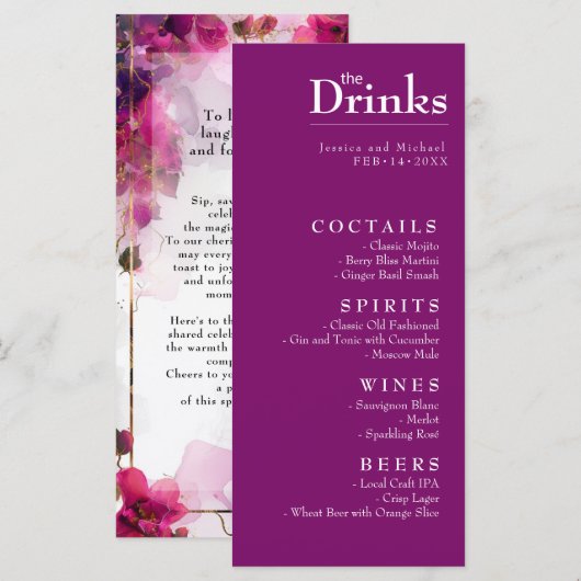 Menu boisson Fuchsia Enchantment : Aquarelle (Devant / Derrière)
