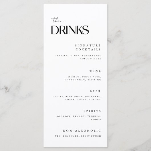 Menu Boissons de mariage minimalistes blanches (Devant)