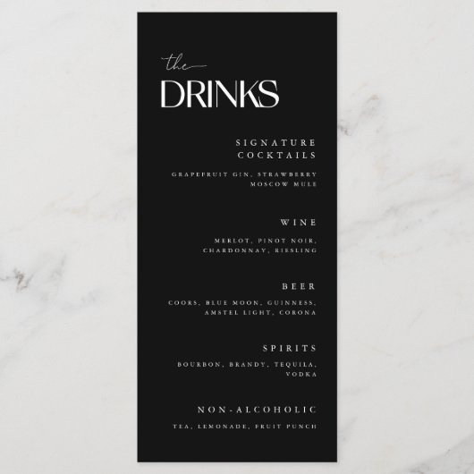 Menu Boissons de mariage noir et blanc moderne gras (Devant)