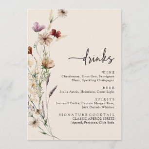 Menu Boissons Élégantes de Fleurs Sauvages de Mariage