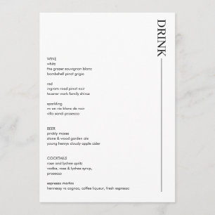 Menu Boissons minimalistes de Mariage noir et blanc 5x7