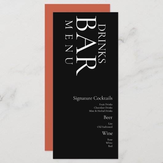 Menu Boissons simples Cocktail Vin Mariage Noir Blanc (Devant / Derrière)