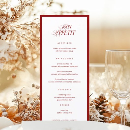 Menu Bon Appetit Classic Élégant Mariage rouge