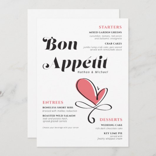 Menu Bon Appetit Dîner Mariage Coeur Saumon (Devant / Derrière)
