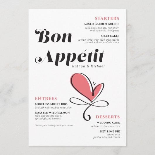 Menu Bon Appetit Dîner Mariage Coeur Saumon (Devant)