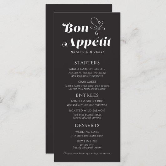 Menu Bon Appetit Dîner Mariage Noir Blanc (Devant / Derrière)