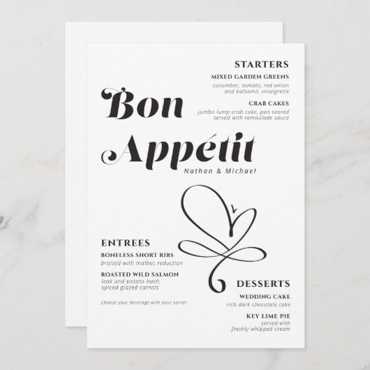 Menu Bon Appetit Dîner Mariage Noir Blanc (Devant / Derrière)
