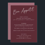 Menu Bon Appétit Merlot Burgundy Mariage d'écriture man<br><div class="desc">Bon Appétit ! Merlot / Bourgogne / Vin Menu Mariage : Ce menu mariage moderne comporte du texte manuscrit sur un arrière - plan merlot au premier plan avec la photo du couple et un message de remerciement au dernier plan. C'est le menu mariage recto verso idéal pour servir à...</div>