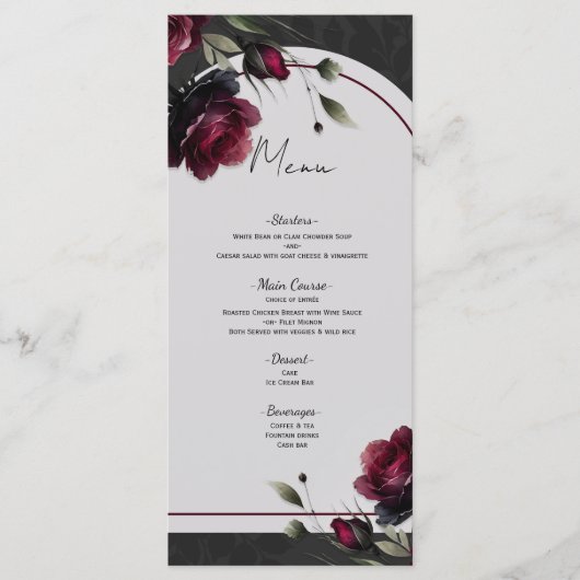 Menu Bordeaux Red Roses Shadowy Grey Floral Mariage (Devant)