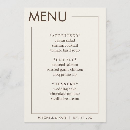 Menu Bordure Brown beige Réception de mariage simple (Devant)