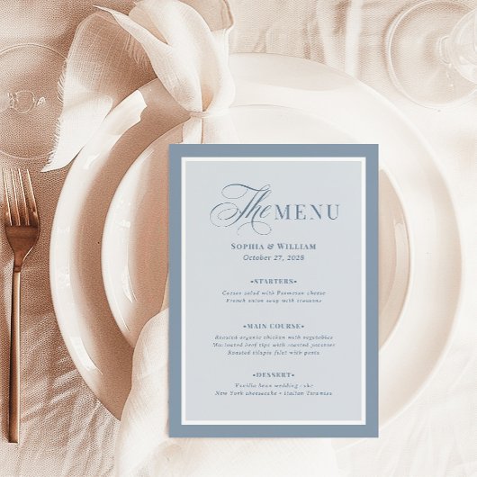 Menu Bordure élégante bleu poussiéreux | Luxe Classique