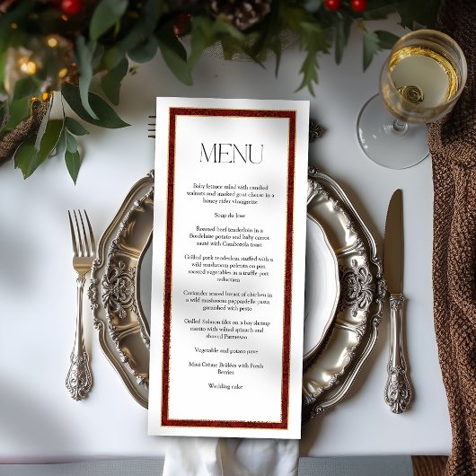 Menu Bordure élégante de Noël rouge damassé
