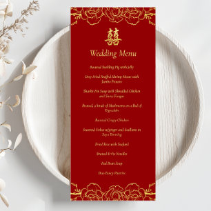 Menu Bordure florale en or rouge pour banquet de mariag