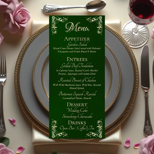 Menu Bordure Ornée & Monogramme Cœur - Émeraude