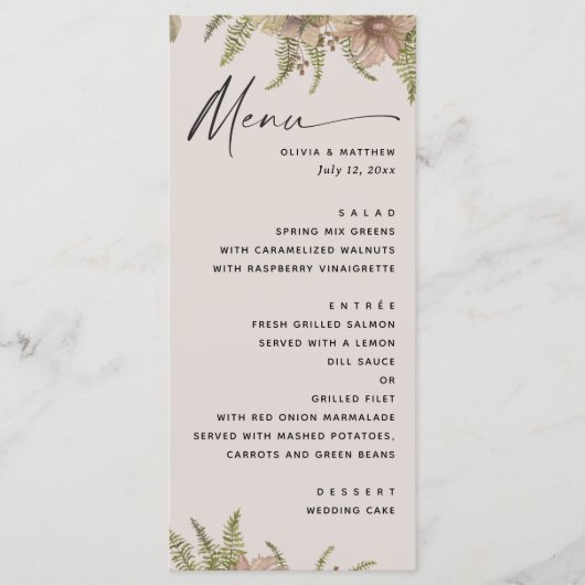 Menu Botanical Soft Warm Taupe Wedding | Fern Greenery (Devant)