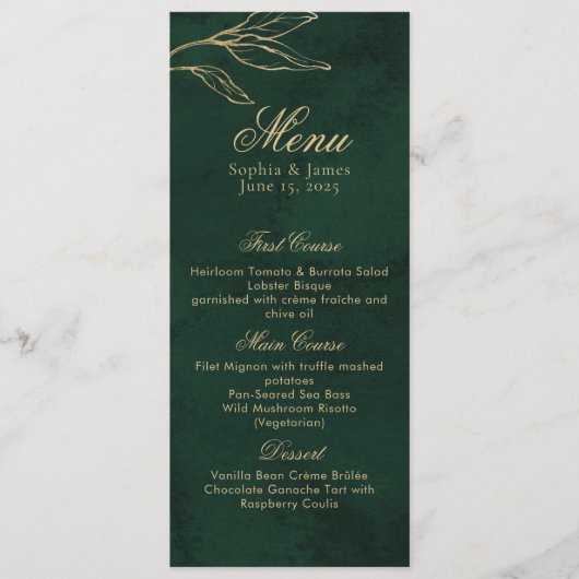 Menu Botanique Emerald Vert et Or Mariage élégant (Devant)