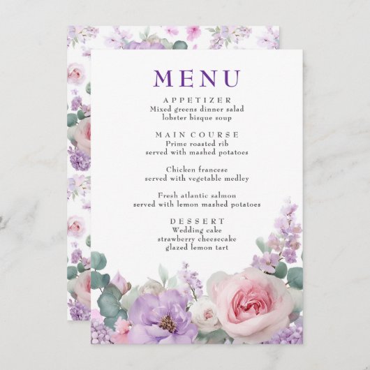 Menu Botanique Floral violet et Mariage rose (Devant / Derrière)