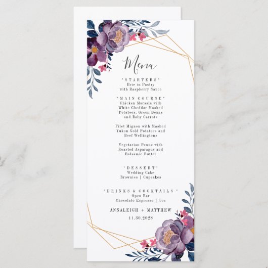 Menu Botanique géométrique fleurie violette Mariage mod (Devant / Derrière)